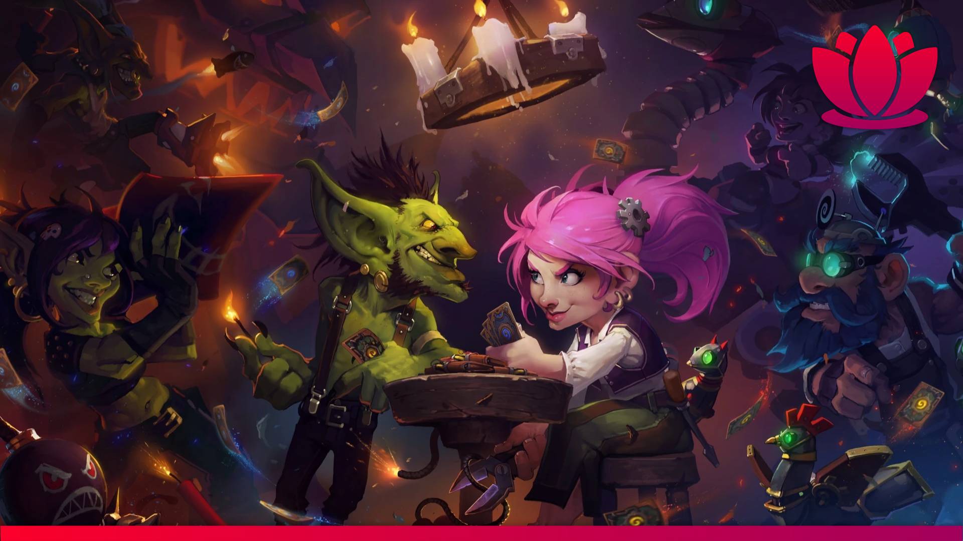 World of Warcraft key art showing a sea of characters with a goblin and pink-haired gnome at the center.