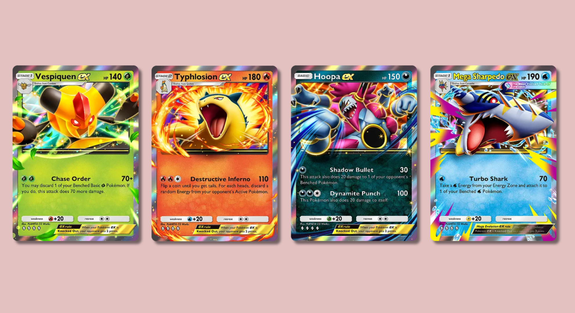 Vespiquen, Typhlosion, Hoopa, and Mega Sharpedo Pokémon TCG Pocket cards on a pink background.