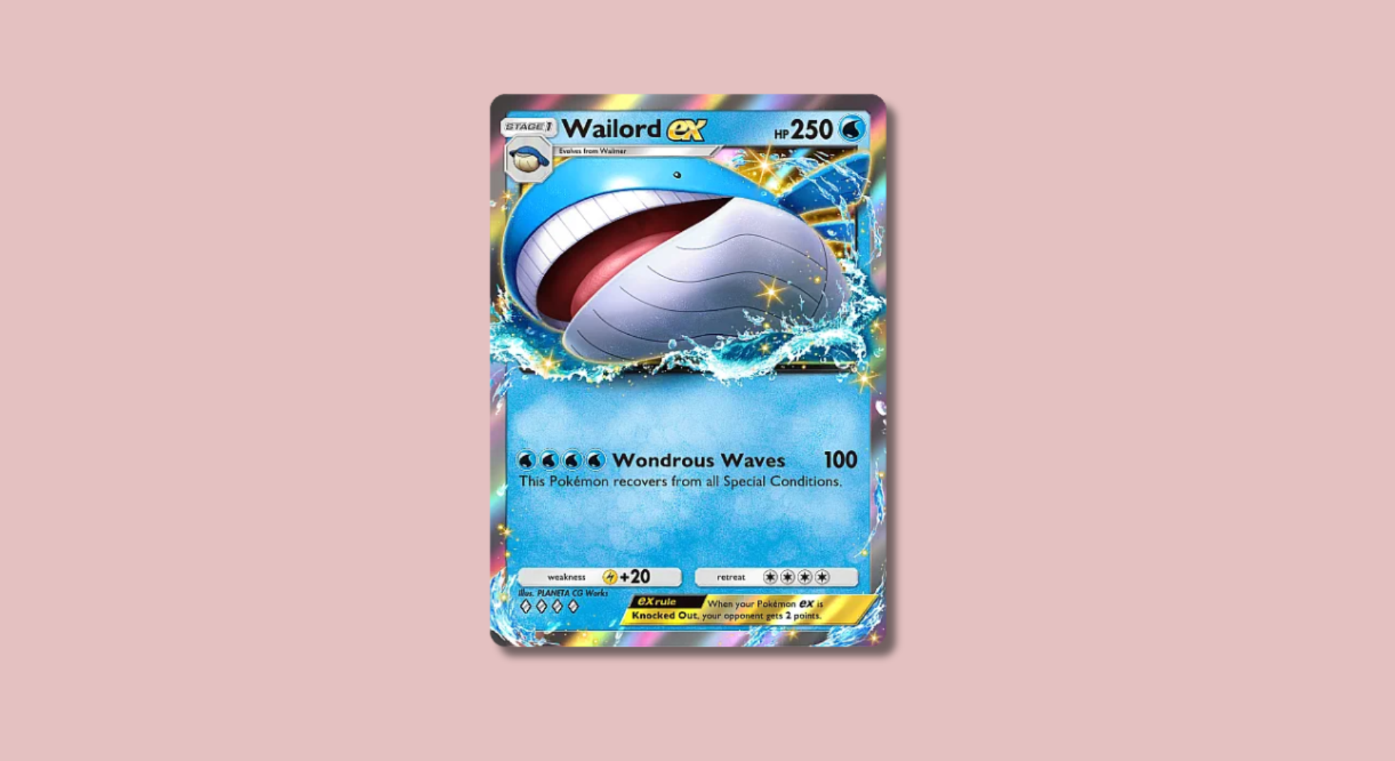 Wailord Pokémon TCG Pocket card on a pink background.