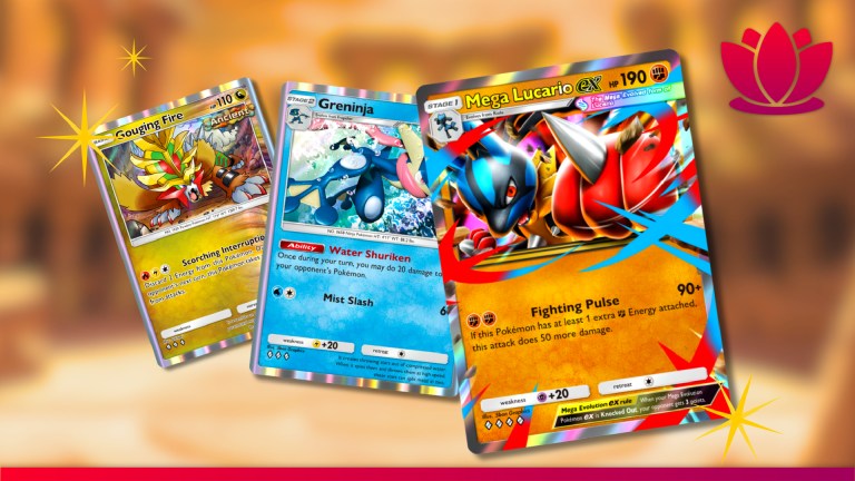 Pokémon Pocket cards showing Gouging Fire, Greninja, and Mega Lucario on a stadium background.