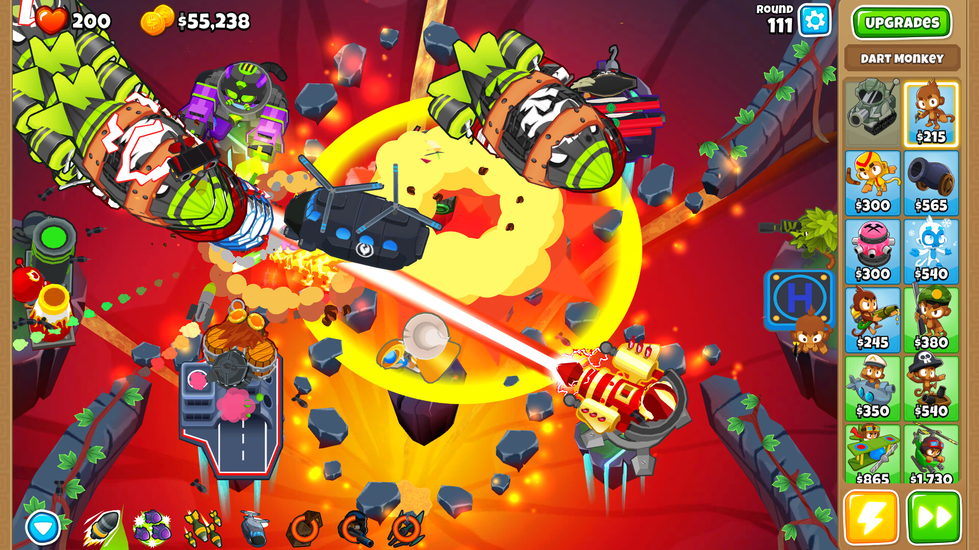 Bloons Tower Defense 6 screenshot showing a chaotic red match with lots of enemies.