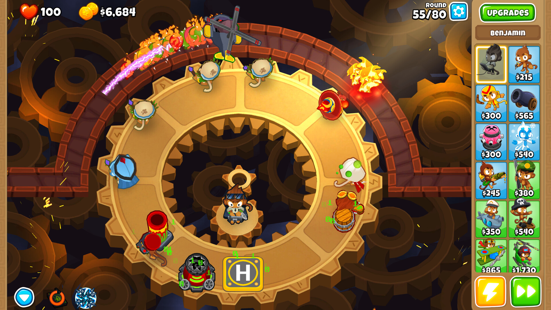 Bloons Tower Defense 6 screenshot showing a cog-shaped map with an ongoing match.