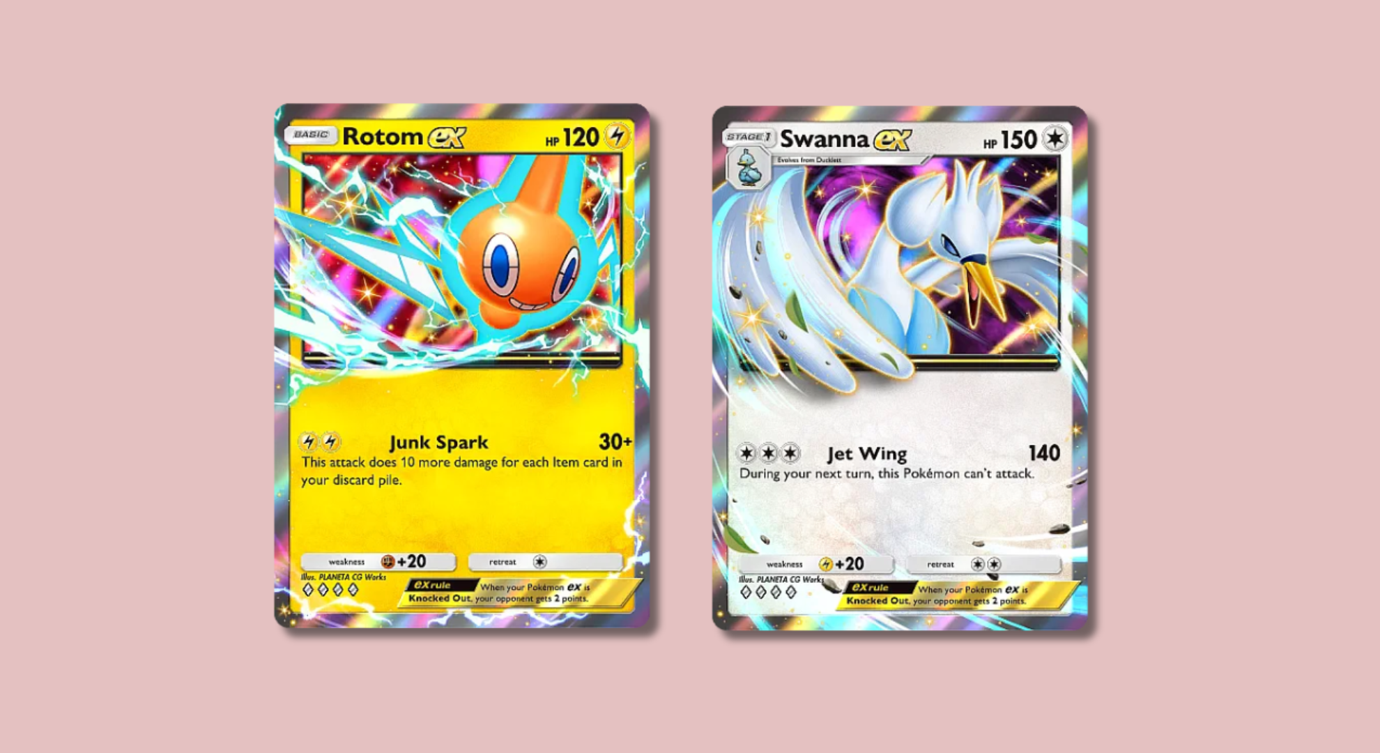 Rotom and Swanna Pokémon TCG Pocket cards on a pink background.