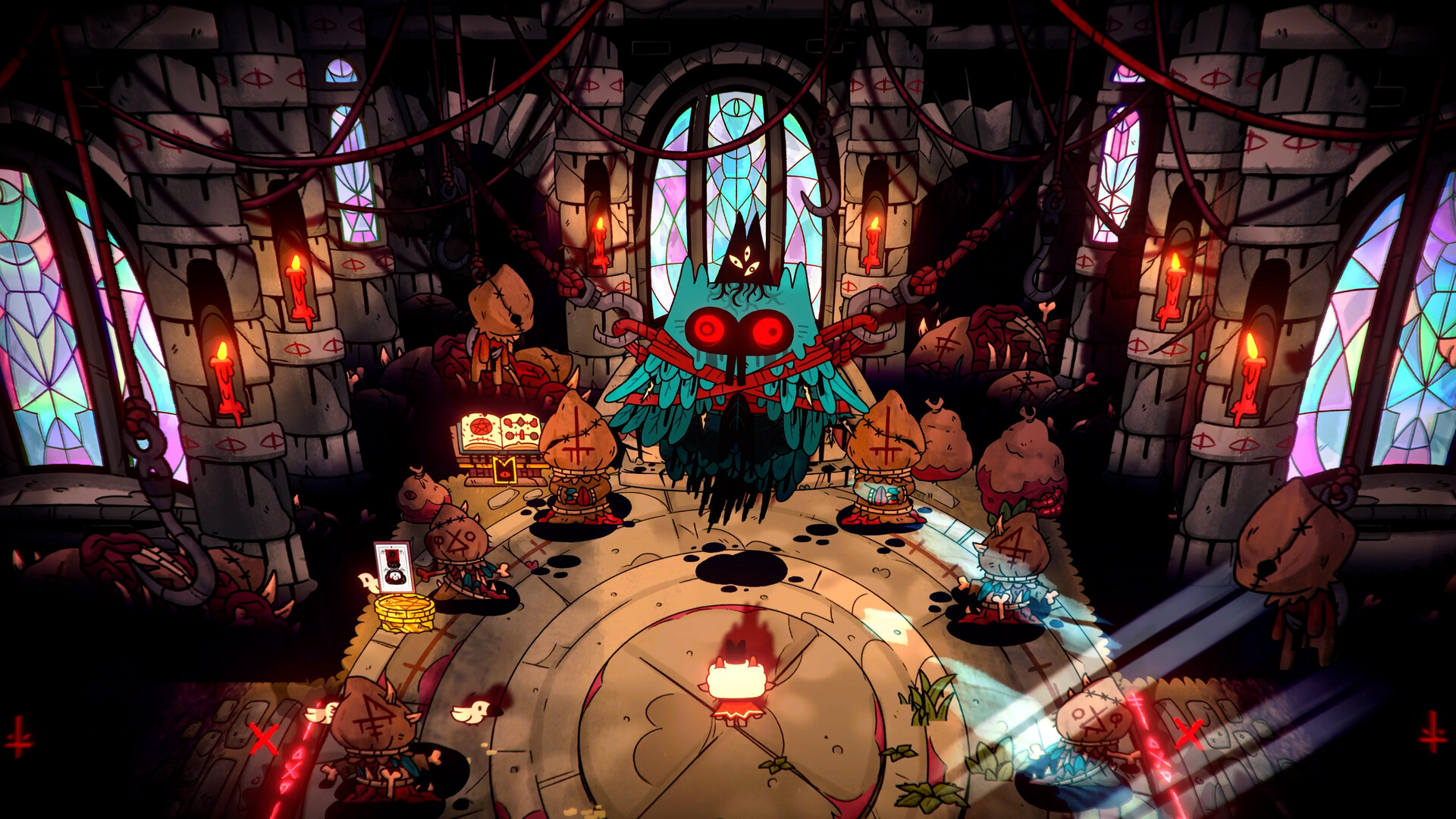 Dark Cult of the Lamb screenshot with a ritual circle and tall windows.