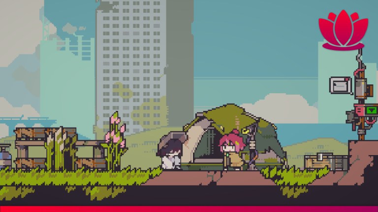 Doloc Town game screenshot showing a pixelated overworld with grass and tall buildings.
