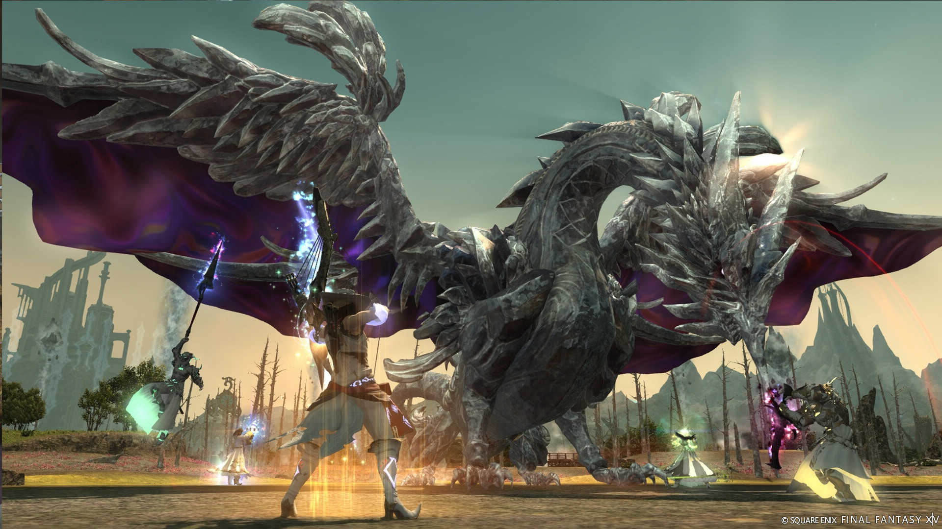 FF14 gameplay screenshot showing a dragon being fought by the character.