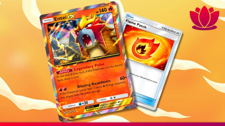 Entei ex and Flame Patch Pokémon TCG Pocket cards on a flaming orange background