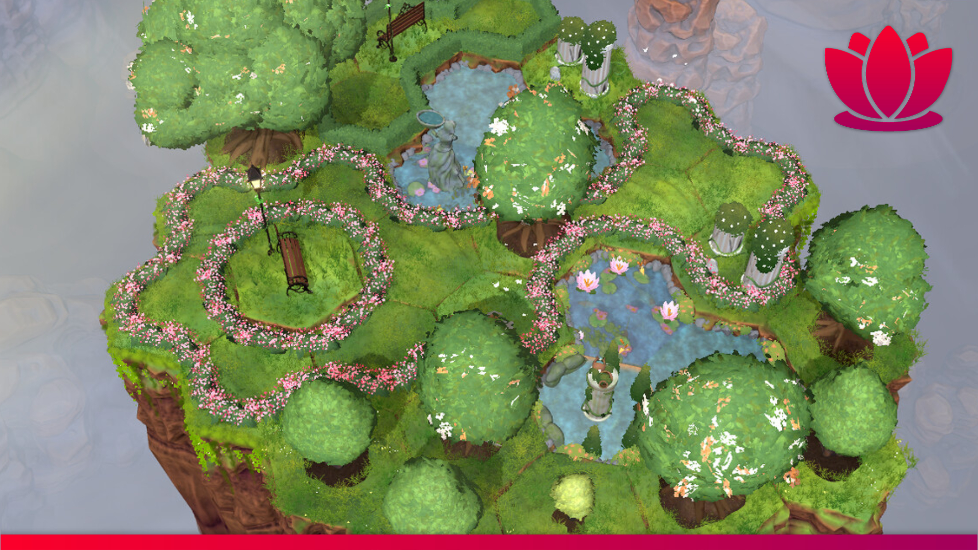 Screenshot of hex tile game Flame, Forest and Flood with a cute floral garden.