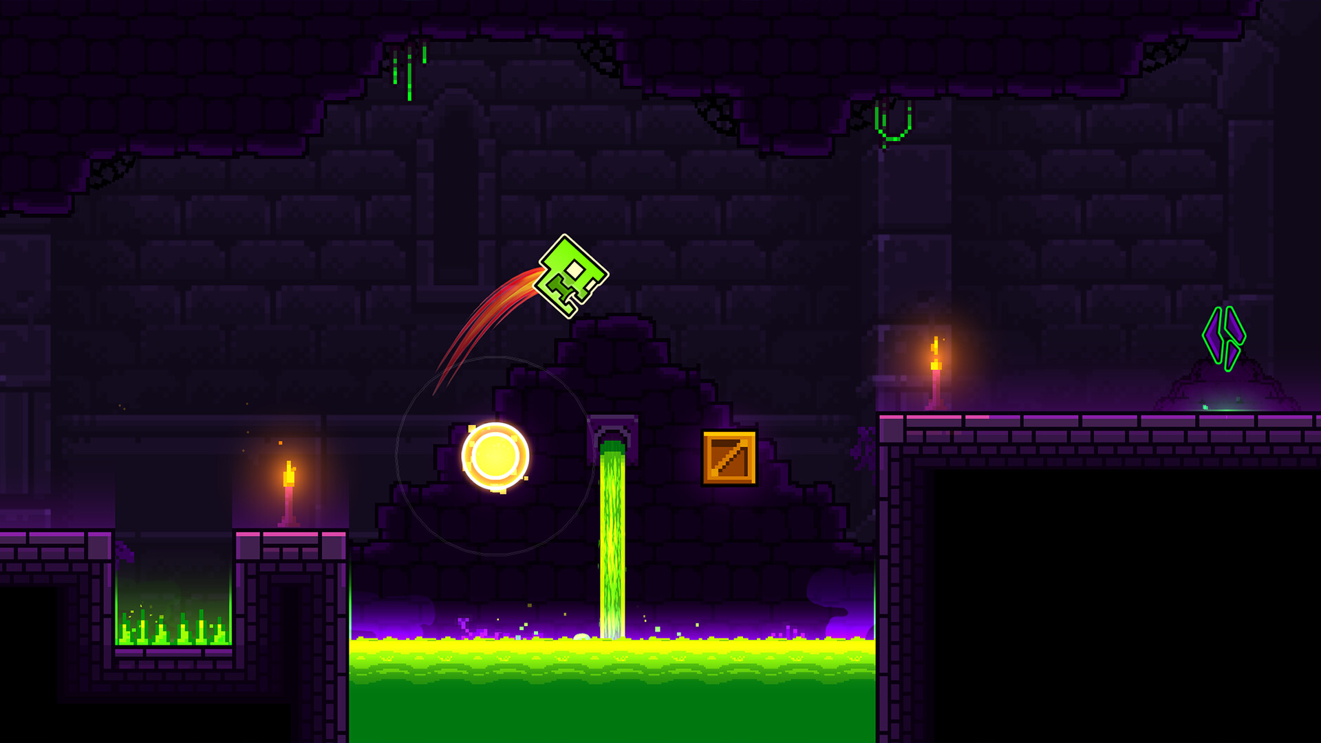 Geometry Dash Tower level with green acid hazards.