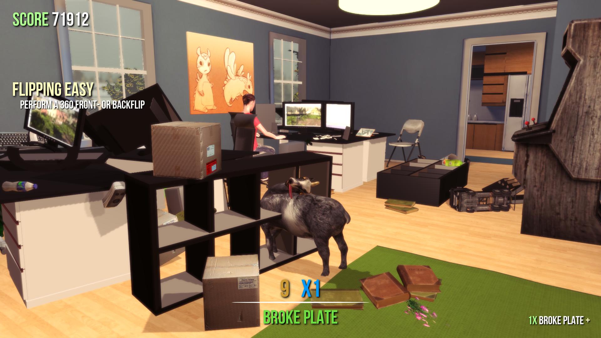 Goat Simulator office scene with gray walls and a green rug.