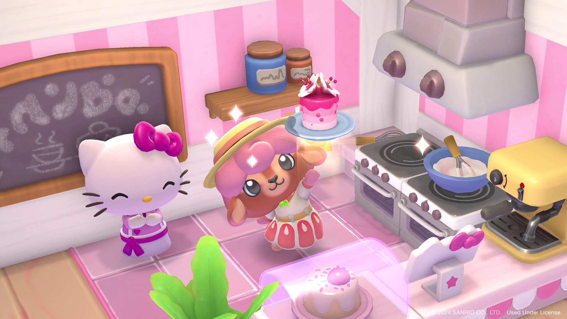 Hello Kitty Island Adventure characters in a pink kitchen.