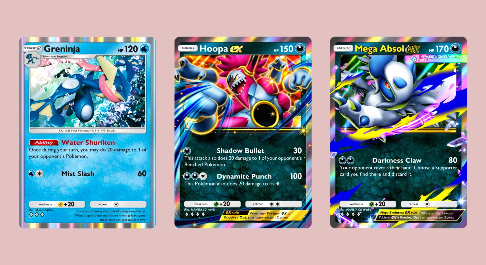 Pokémon Pocket cards on a pink background showing Hoopa, Greninja, and Mega Absol.