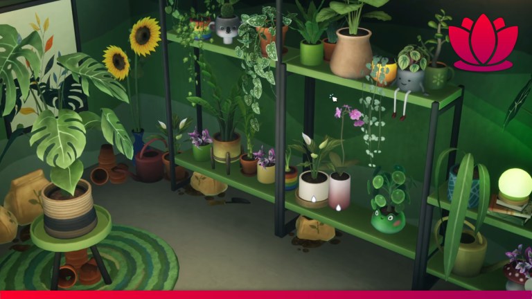 Leafy Corner gameplay screenshot with potted plants, green shelves, and sunflowers.