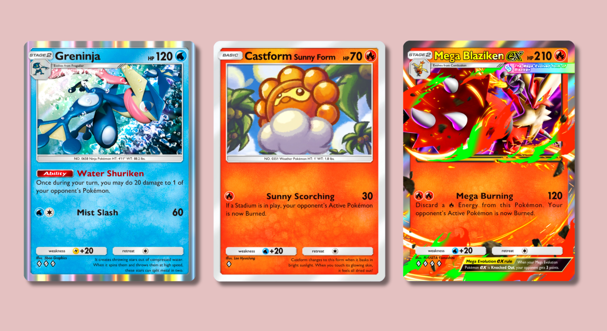 Greninja, Castform, and Mega Blaziken Pokémon TCG Pocket cards on a pink background.