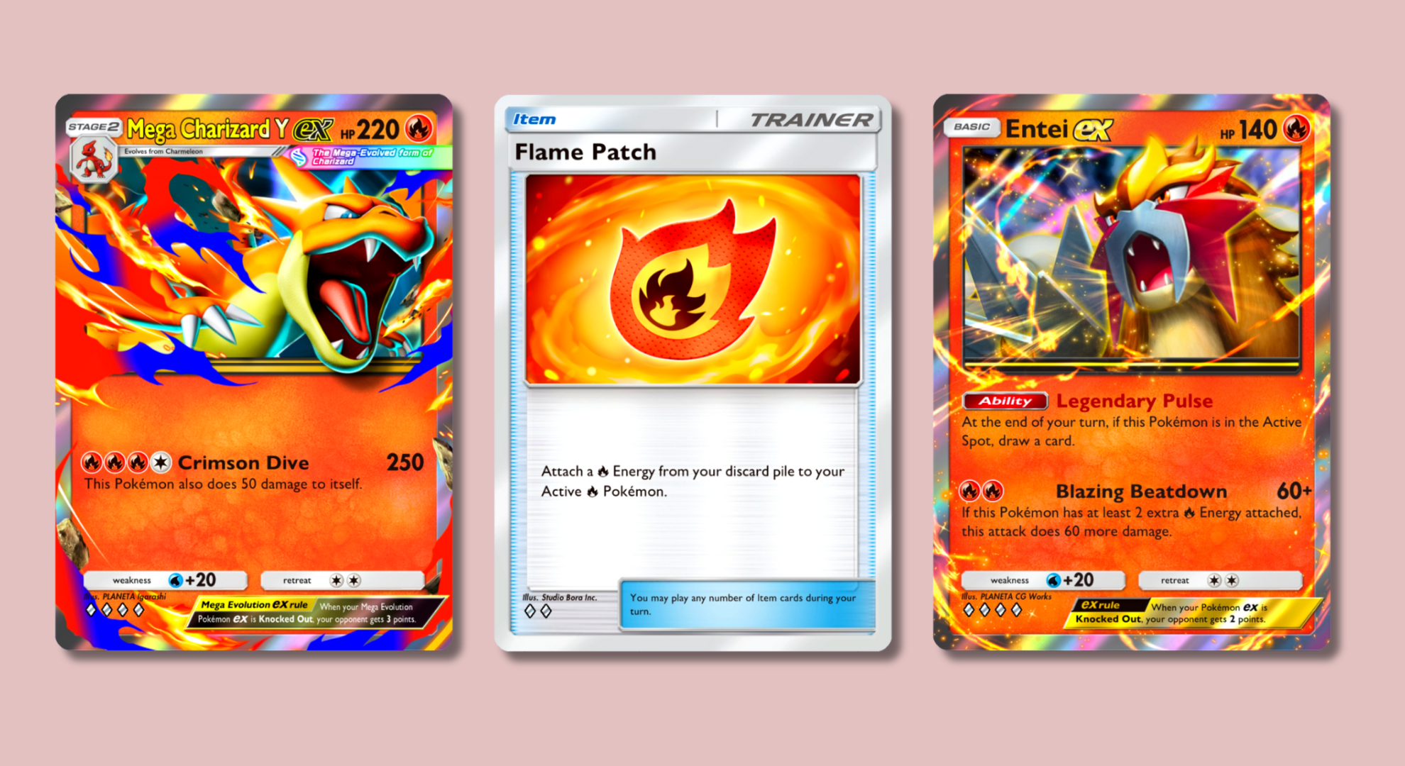 Mega Charizard Y, Flame Patch, and Entei Pokémon TCG Pocket cards on a pink background.