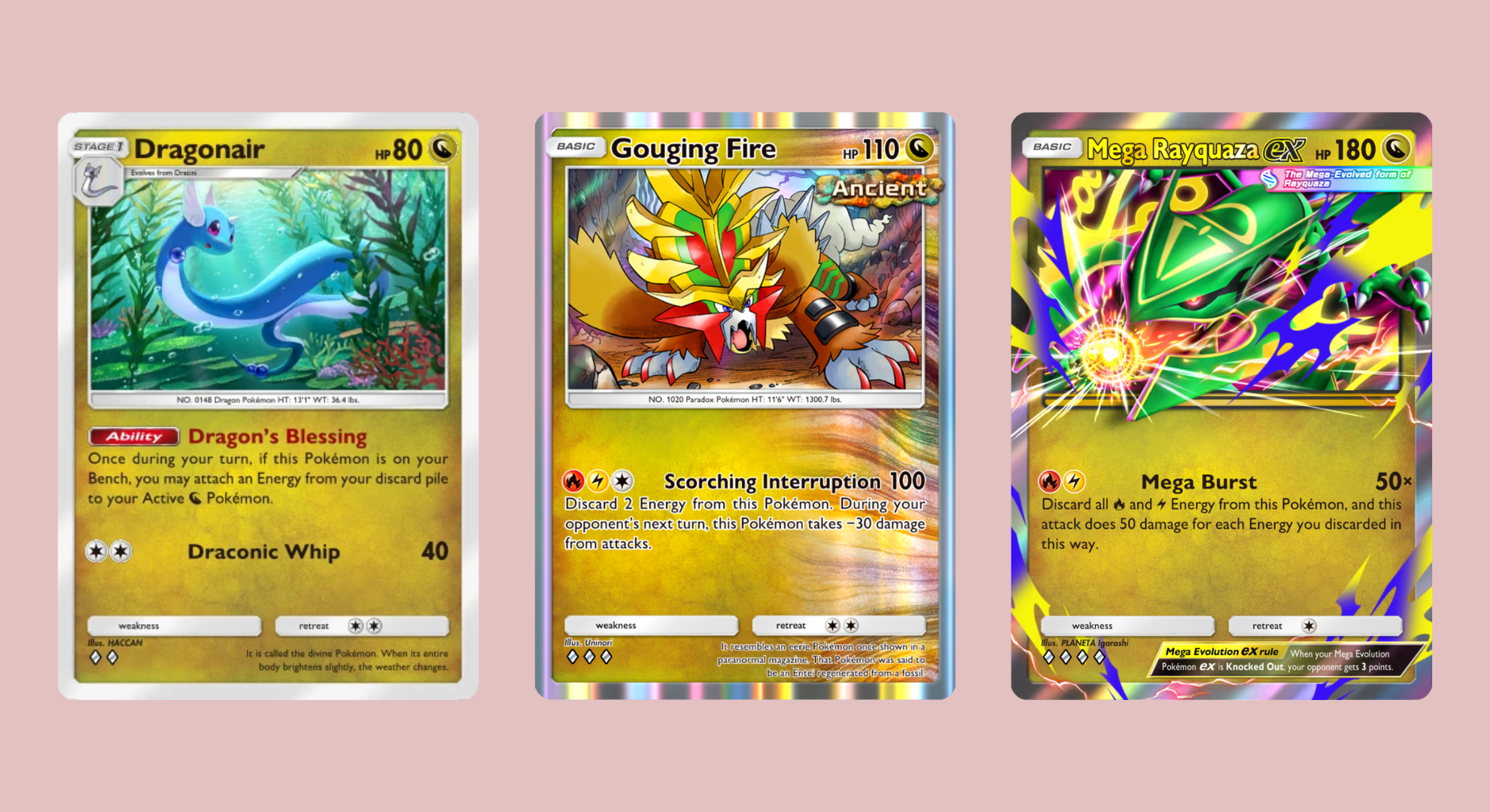 Pokémon Pocket cards on a pink background showing Dragonair, Gouging Fire, and Mega Rayquaza.