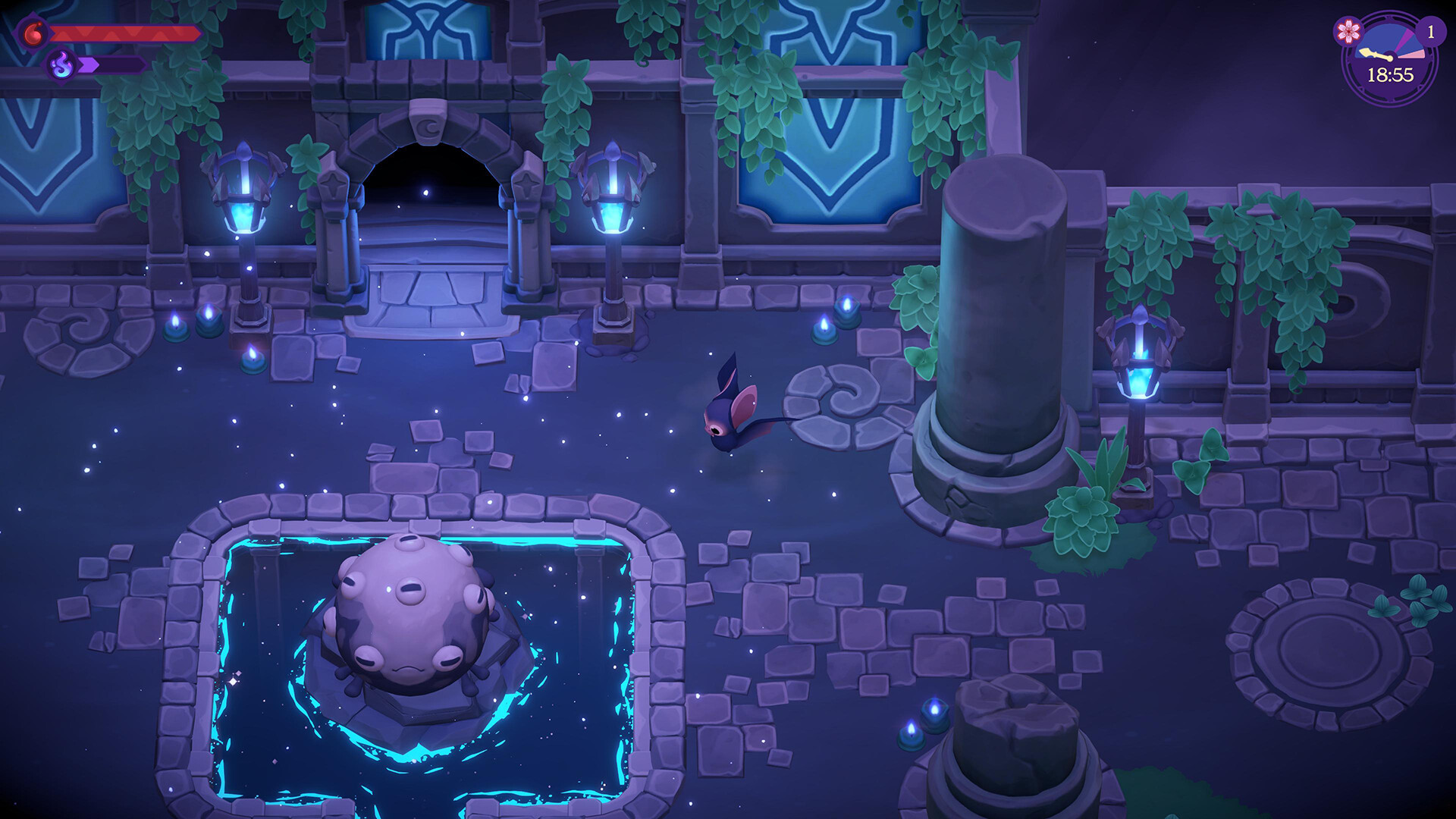 Moonlight Peaks screenshot showing a dark and cozy town square.