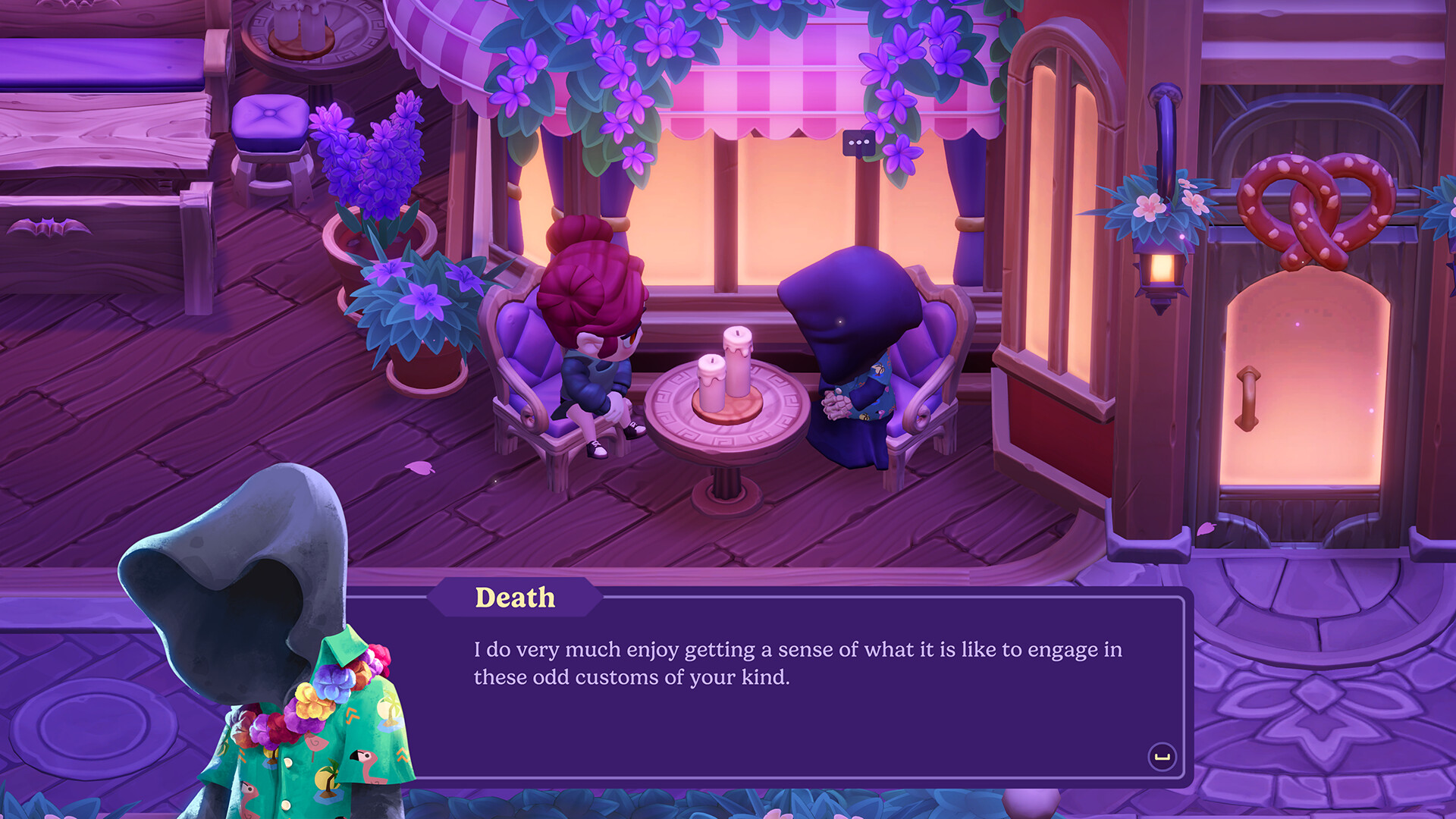 Moonlight Peaks screenshot showing a character on a date with Death in town.