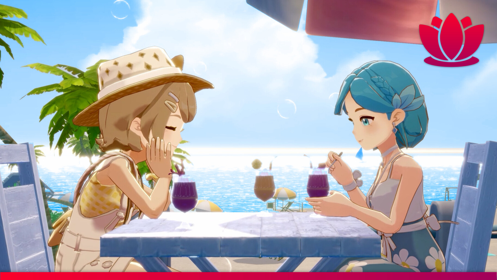 Starsand Island screenshot showing characters having a drink by the seaside.