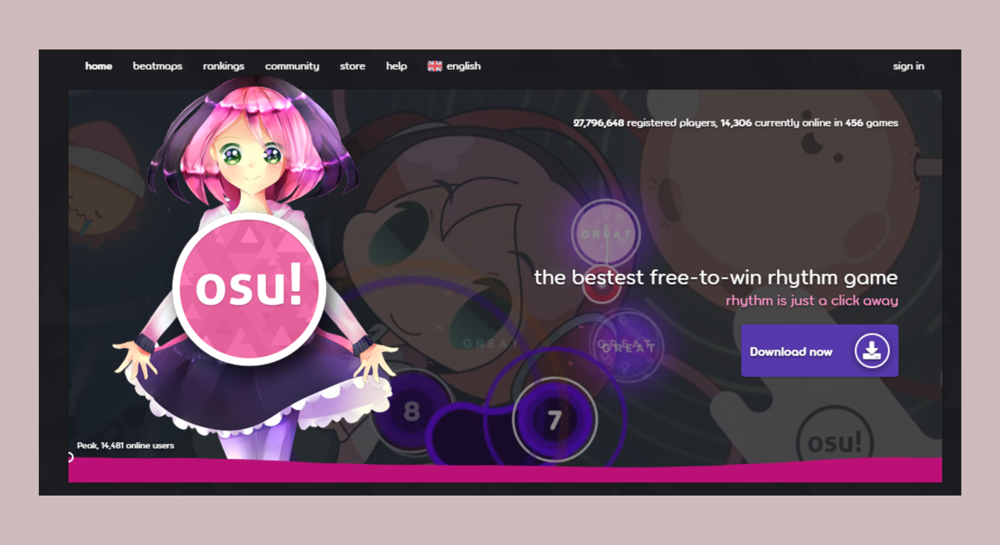 osu! homepage screenshot on a pink background.