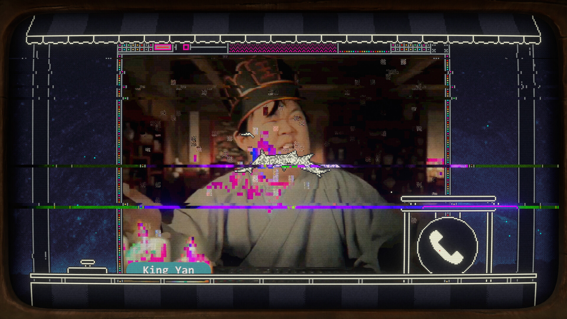 Character on a glitchy screen in Pony Island 2: Panda Circus.