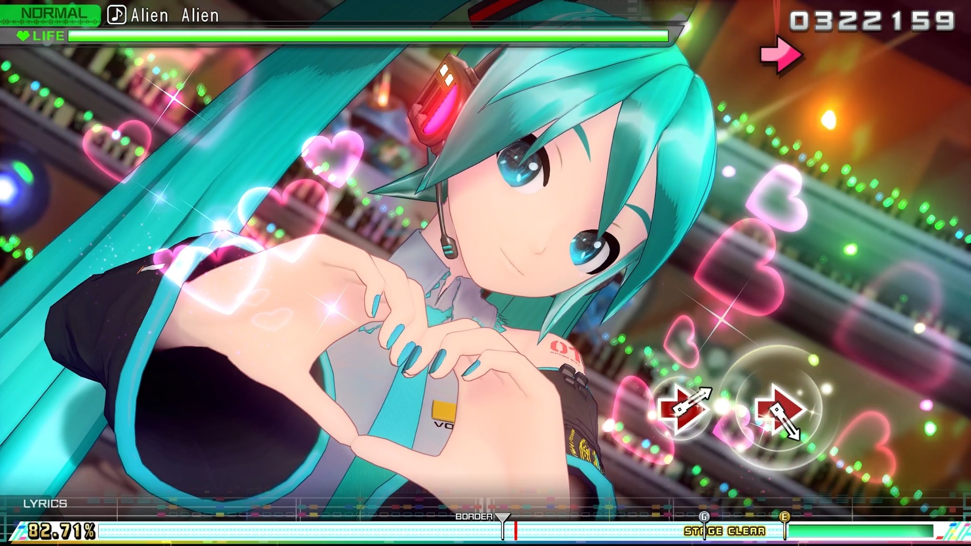 Project Diva Mega Mix screenshot showing Miku doing a hand heart.