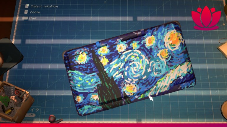 ReStory game screenshot of a games console with Van Gogh Starry Night.