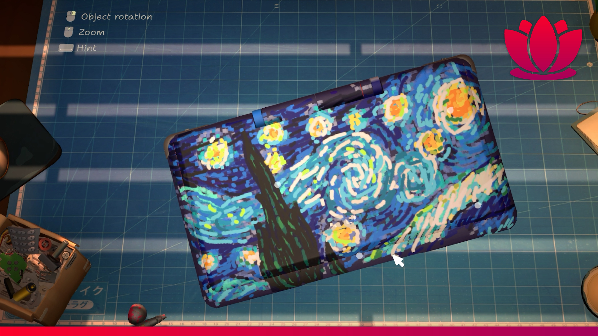 ReStory game screenshot of a games console with Van Gogh Starry Night.