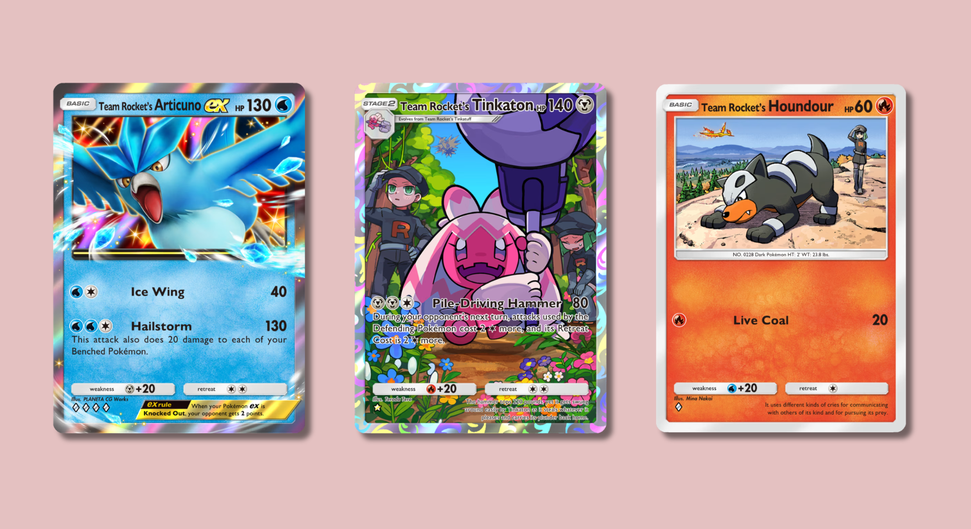 Pokémon Pocket cards on a pink background, showing Articuno, Tinkaton, and Houndour.