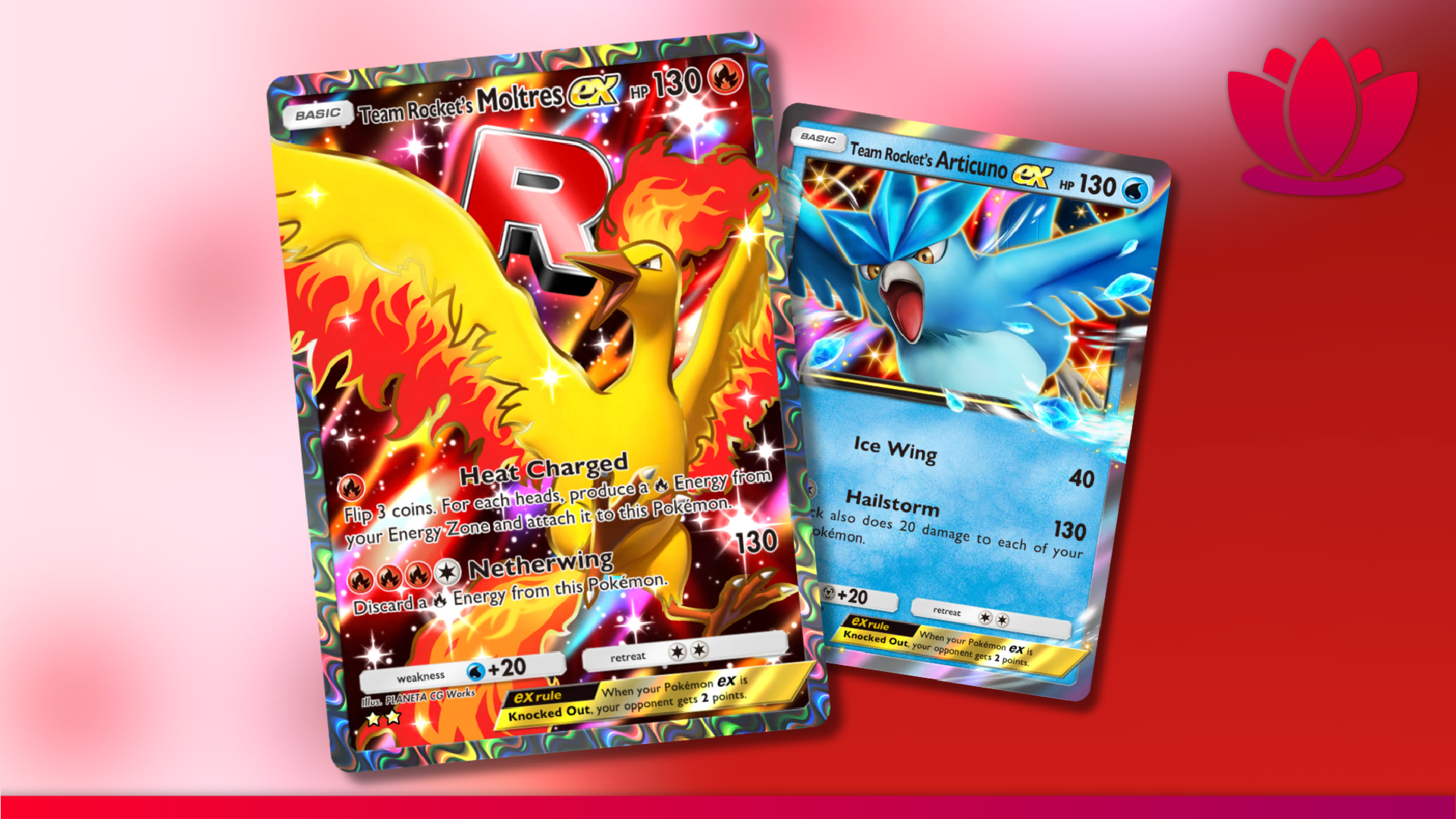 Moltres and Articuno Pokémon Pocket cards on a red and white background.