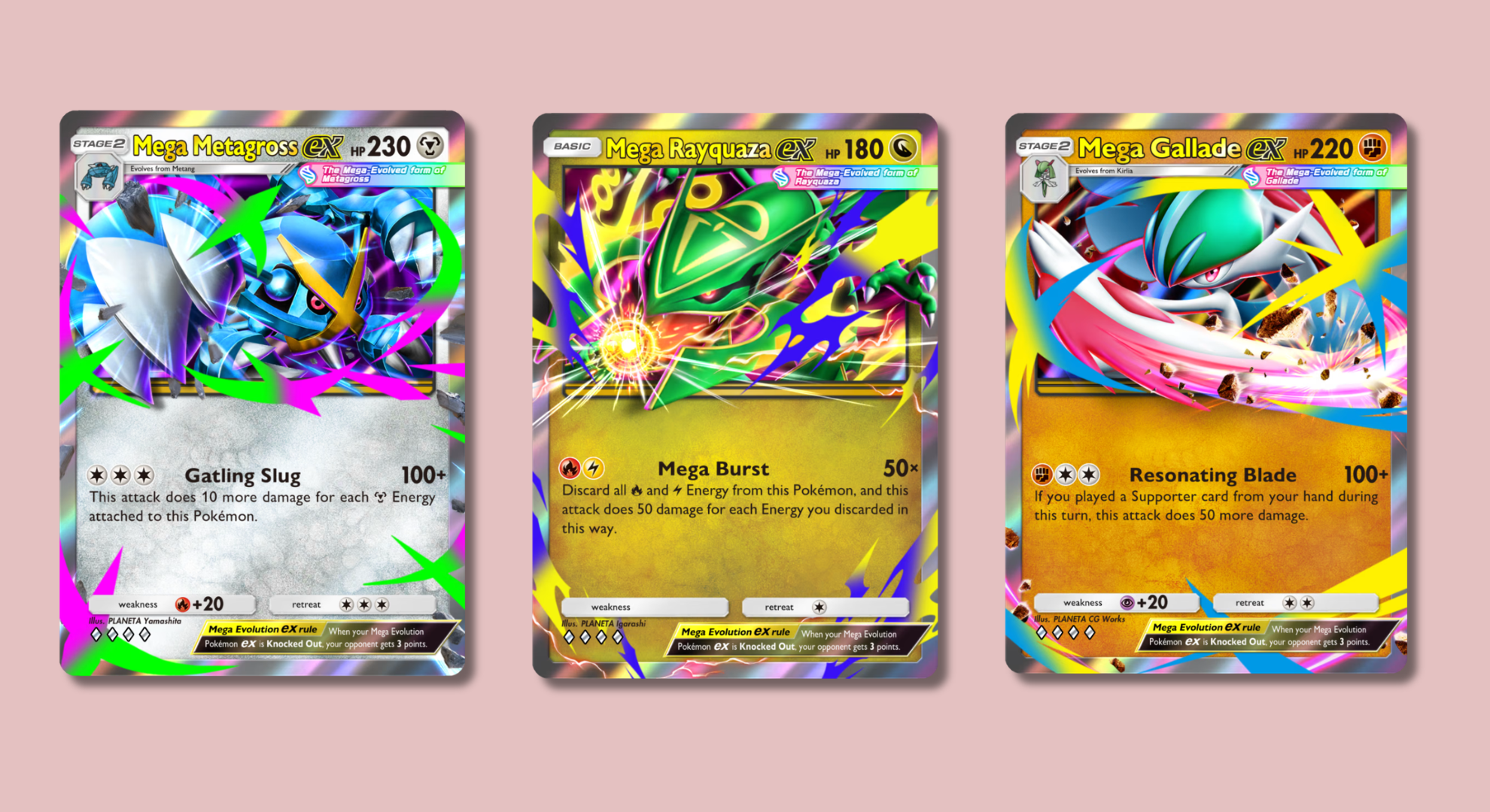 Mega Metagross, Mega Rayquaza, and Mega Gallade Pokémon TCG Pocket cards on a pink background.