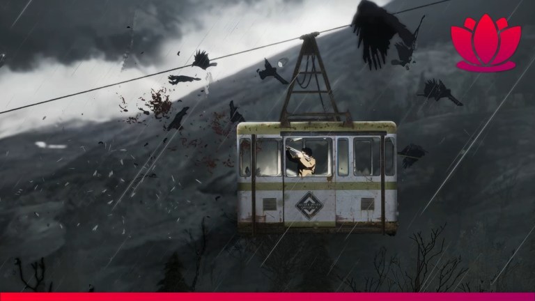 Silver Pines game screenshot of a cable car with crows.