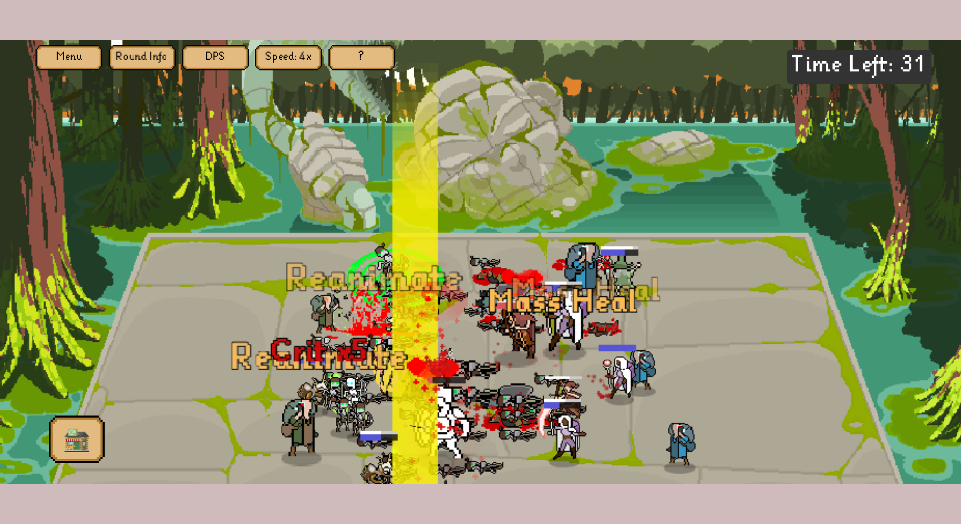 Some of You May Die gameplay screenshot showing a battle in a forest.