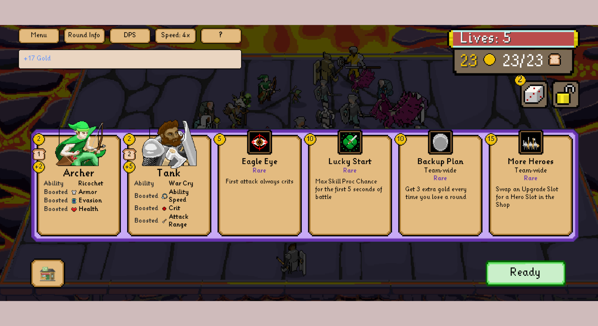 Some of You May Die gameplay screenshot showing the upgrades on offer in the in-game shop before a battle.