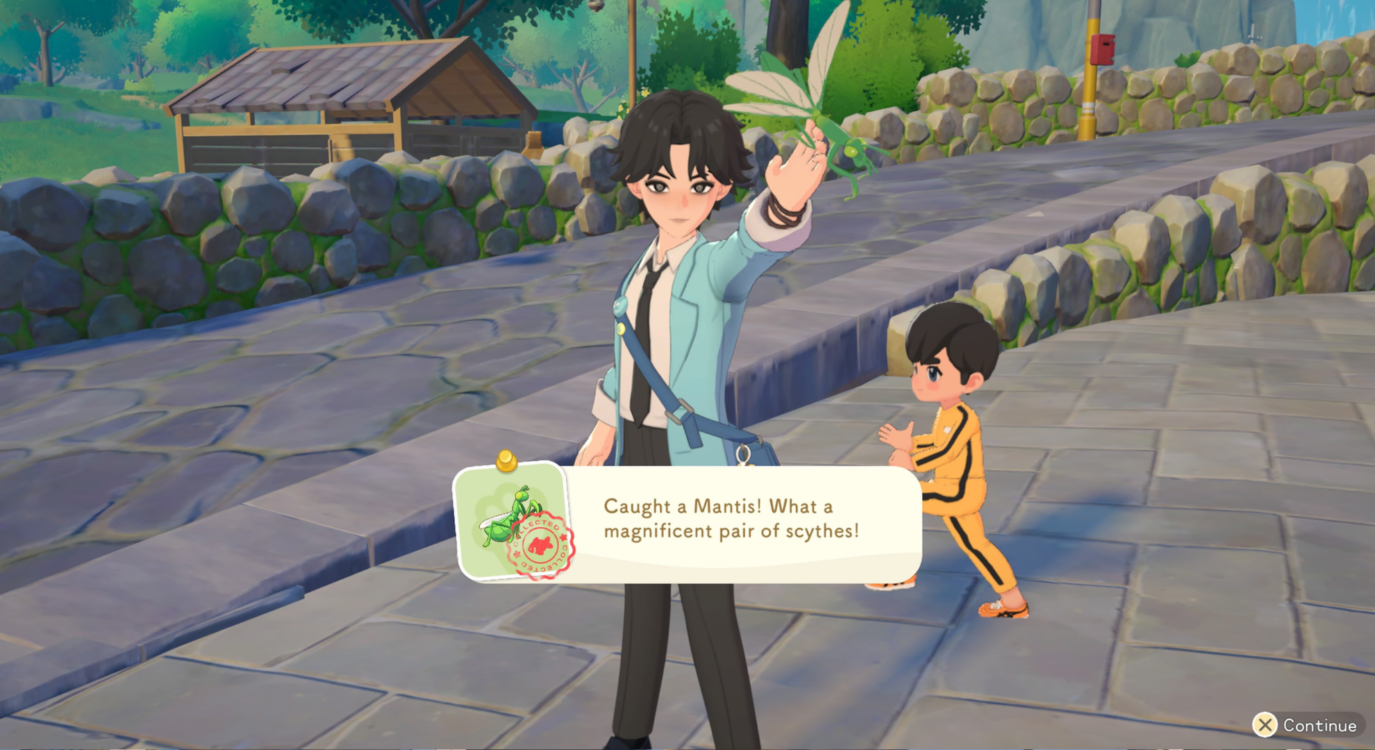 Starsand Island gameplay screenshot showing a character holding a praying mantis.