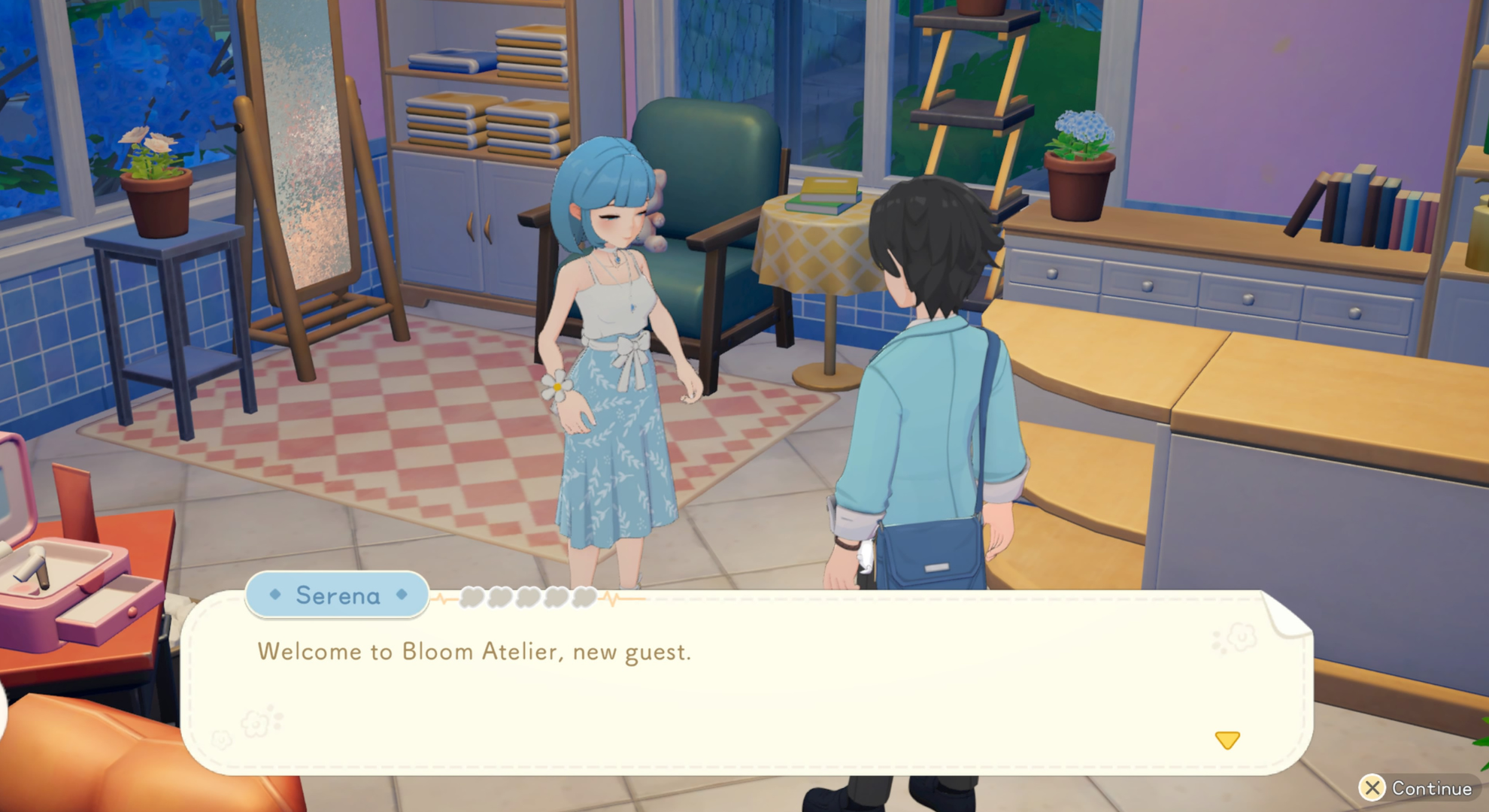 Starsand Island gameplay screenshot showing two characters speaking in the atelier.