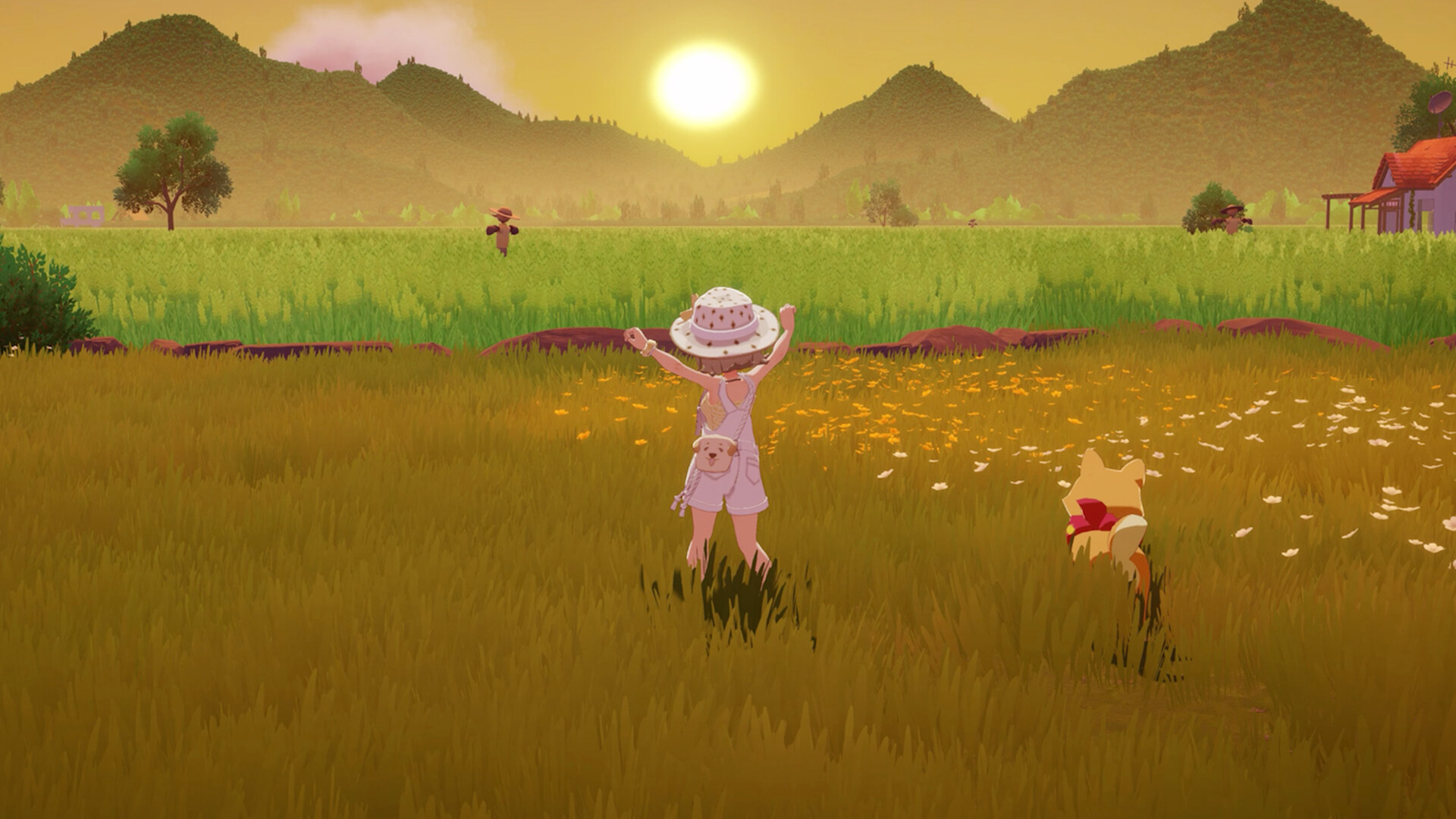 Starsand Island screenshot showing a character watching the sun in a field.
