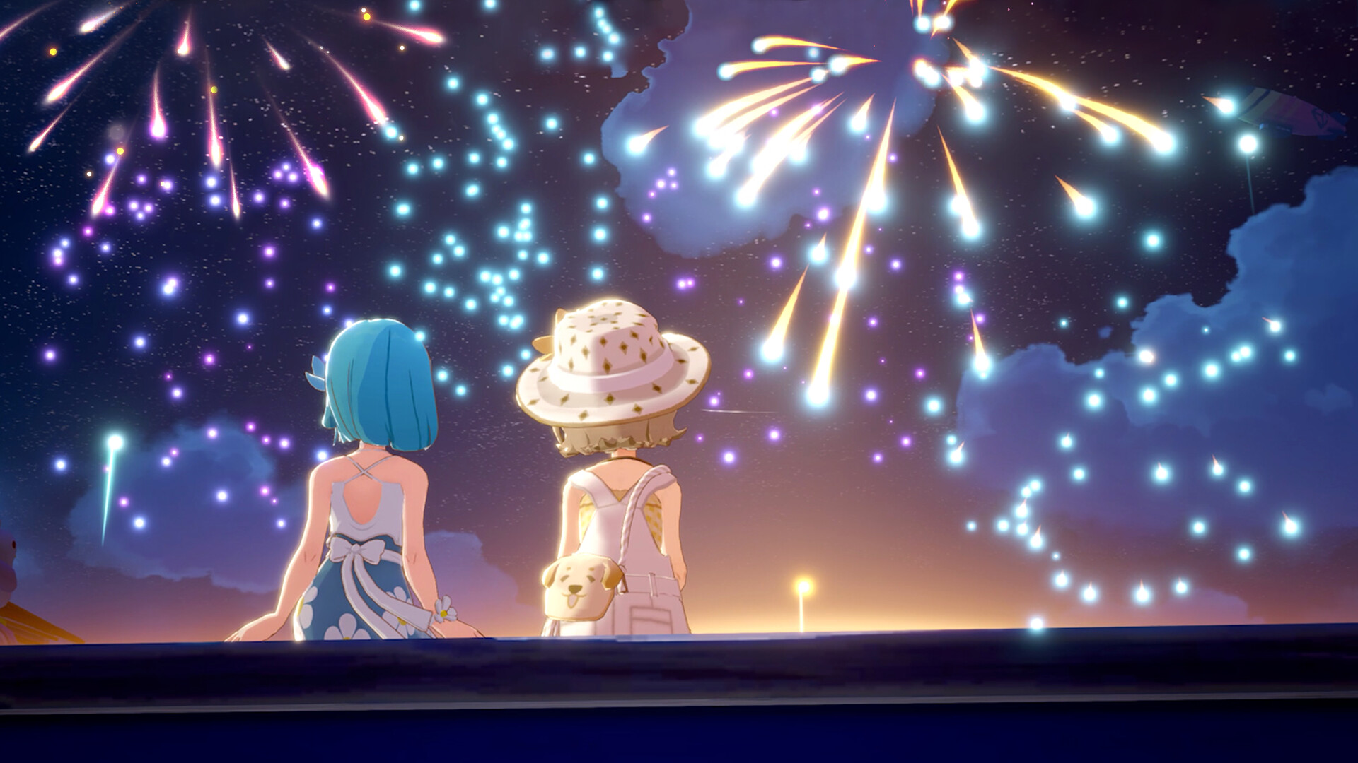 Starsand Island screenshot showing characters watching fireworks together.