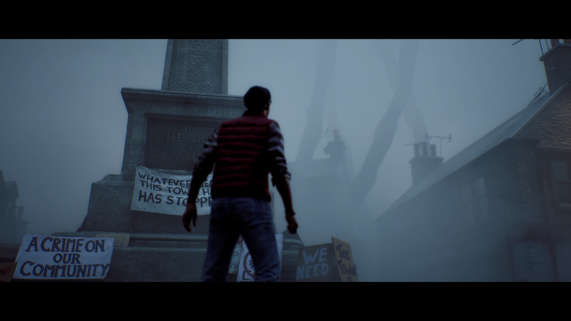 Character looking at the foggy sky in Silent Hill Townfall.