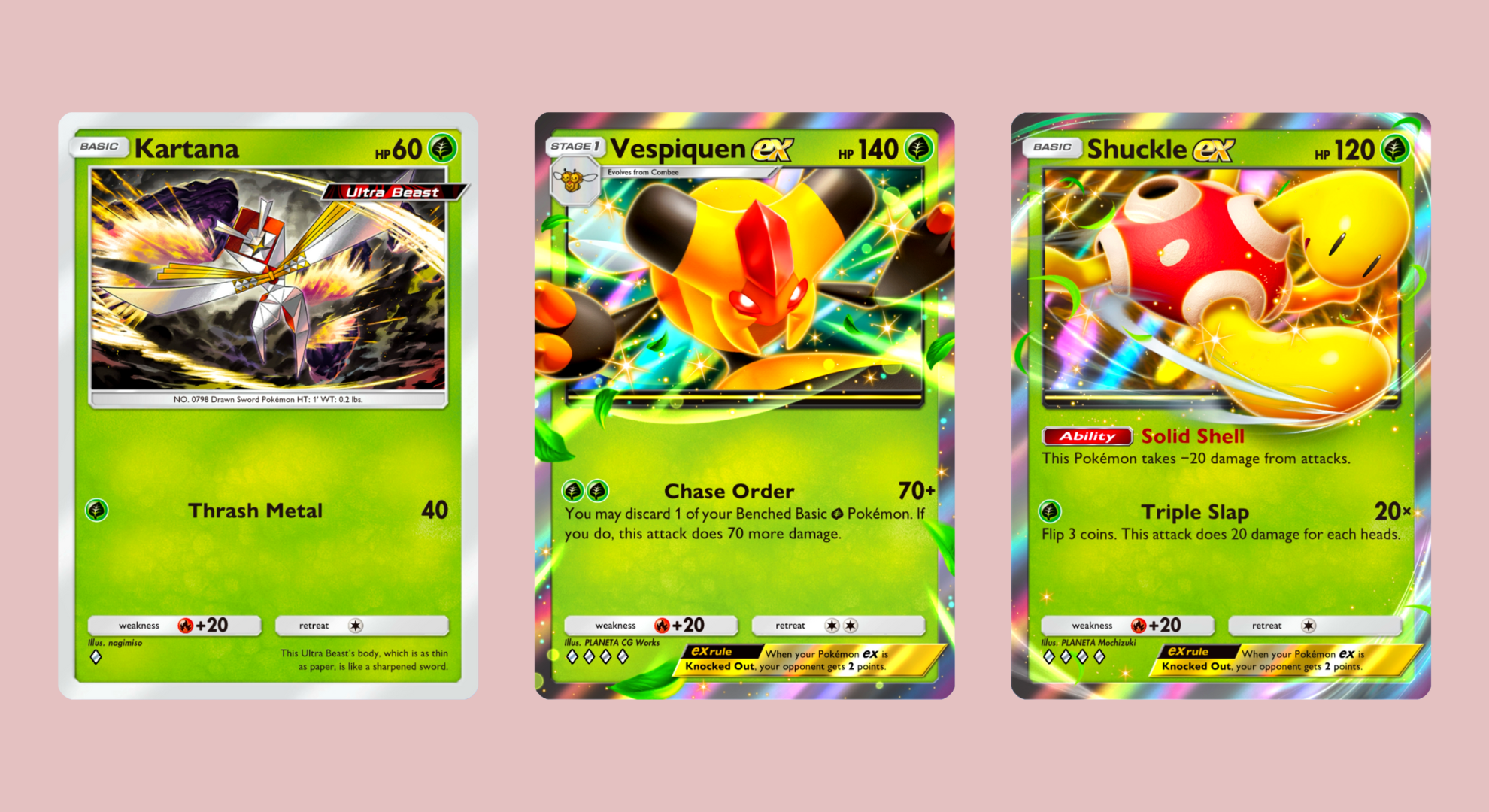 Pokémon Pocket cards on a pink background showing Vespiquen, Shuckle, and Kartana.
