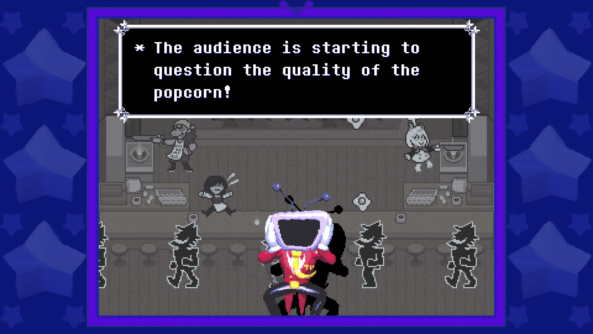 Deltarune screenshot showing Mr Tenna worrying about popcorn.