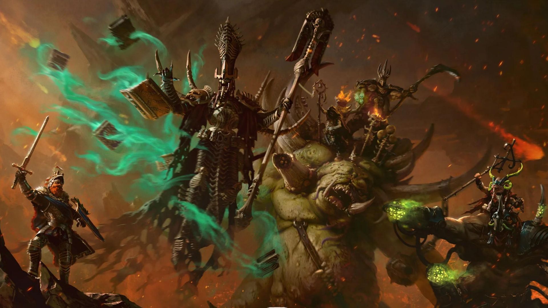Total War: Warhammer 40k celestial key art with dark, intimidating characters.