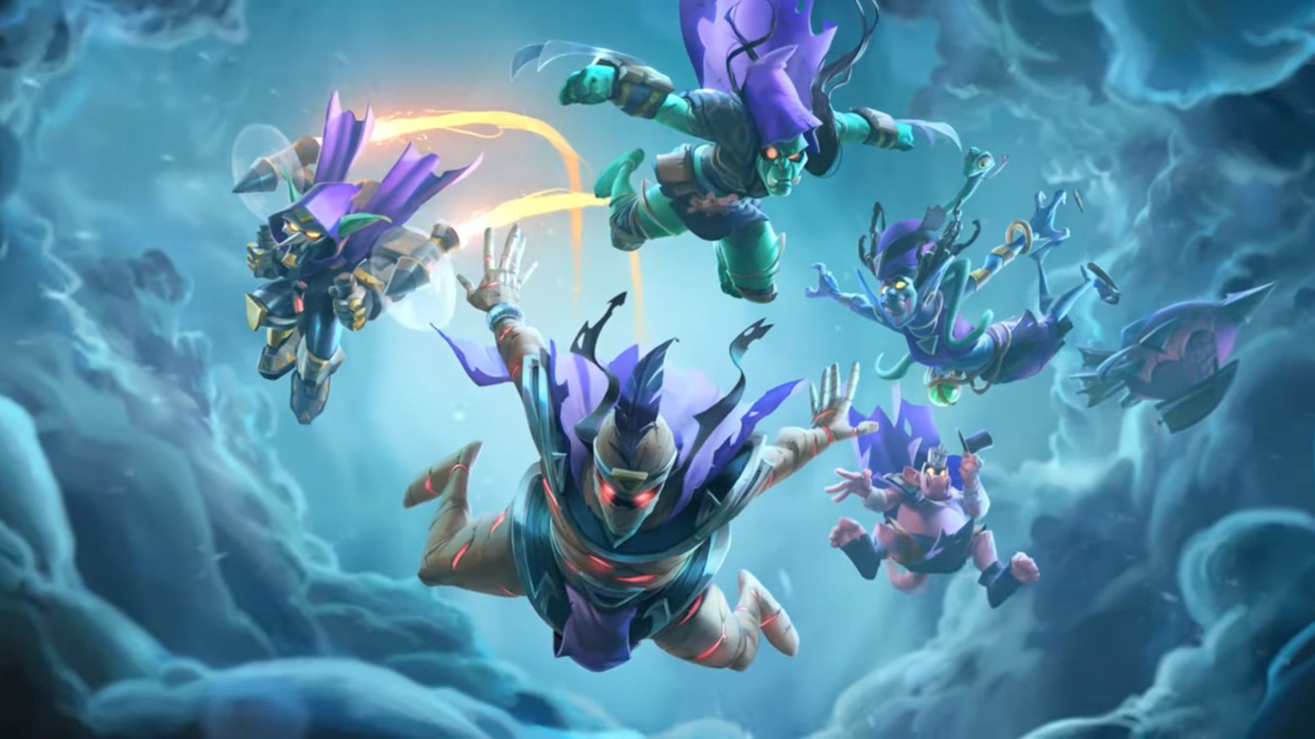 League of Shadows splash art showing characters flying down through a cloudy sky.