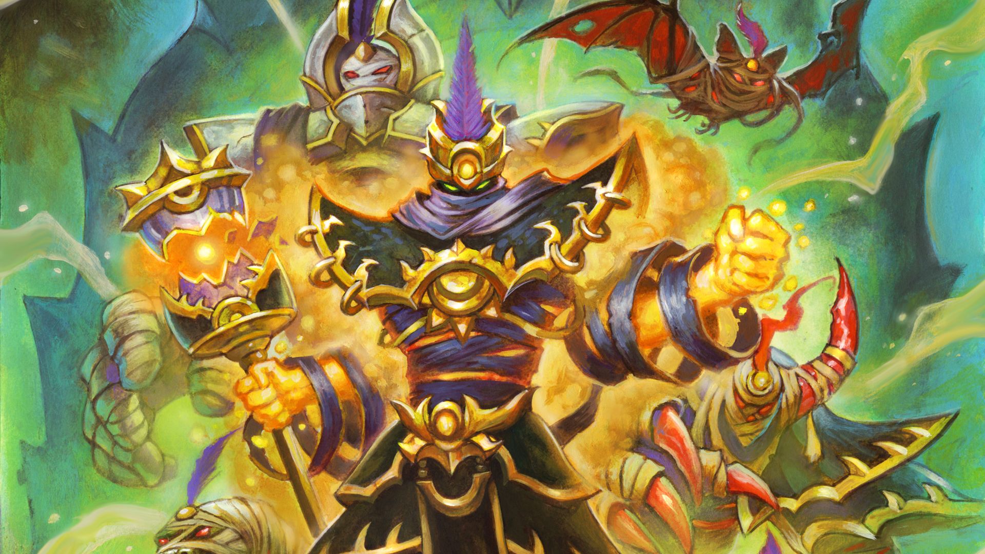 Timethief Rafaam splash art with a green background from the Warcraft universe.