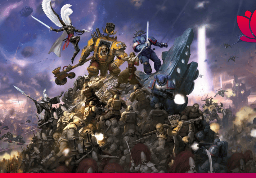 Total War: Warhammer 40k artwork showing a pile of battle-ready, armored enemies.