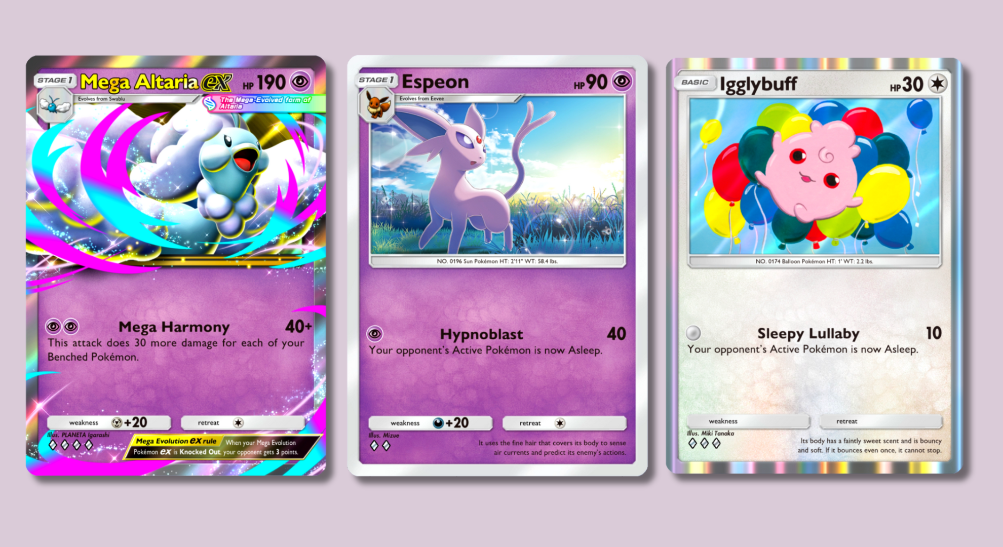 Pokémon Pocket cards showing Mega Altaria, Espeon, and Igglybuff.