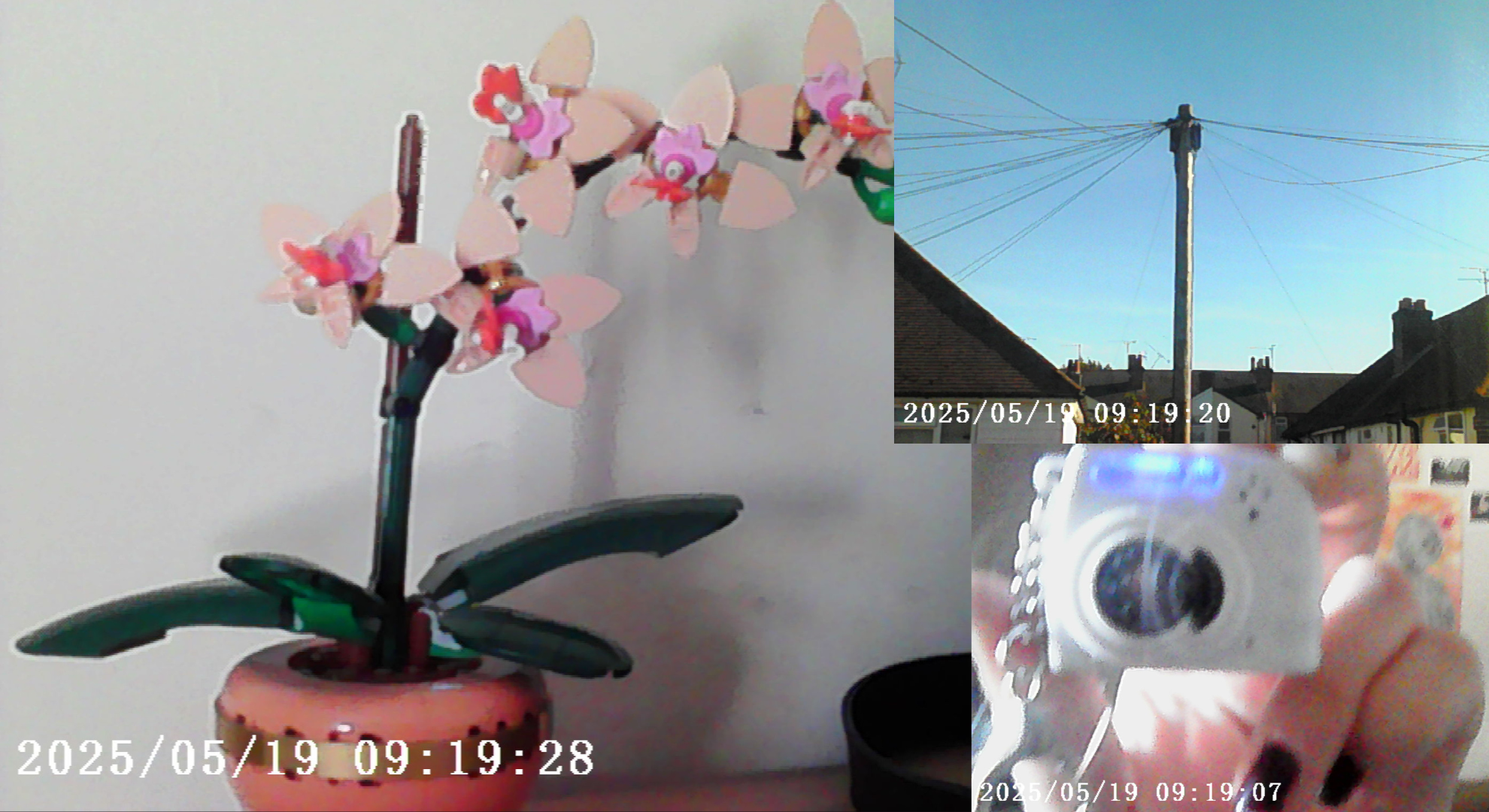 Photo Creator Mini Cam Digital Camera from Canal Toys example photos showing lego flowers, the sky, and the camera in the mirror.