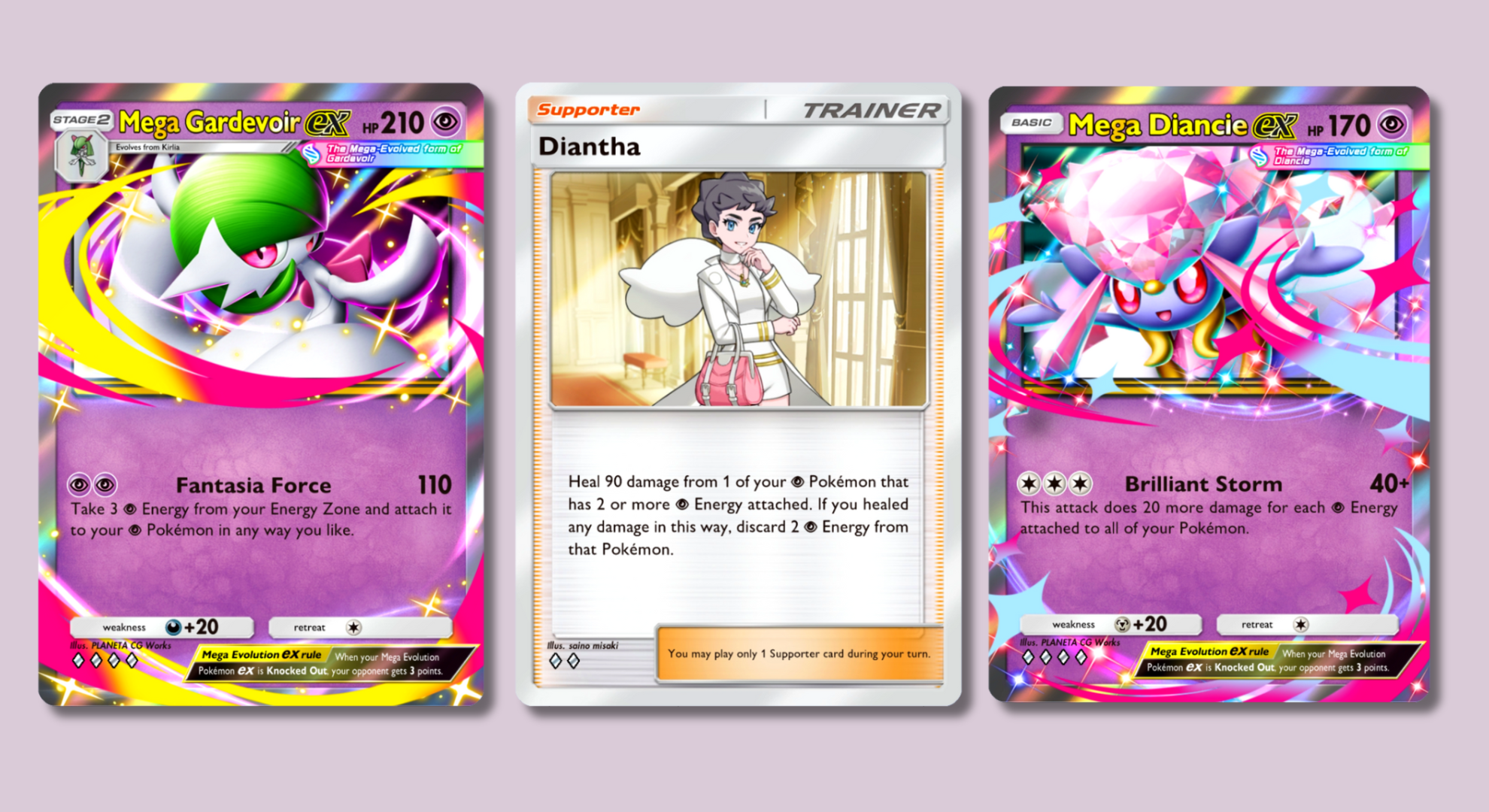 Pokémon Pocket cards showing Mega Gardevoir, Diantha, and Mega Diancie.