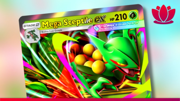 Pokémon TCG Pocket Mega Sceptile ex card on a blurry floral background.