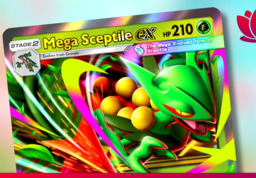 Pokémon TCG Pocket Mega Sceptile ex card on a blurry floral background.